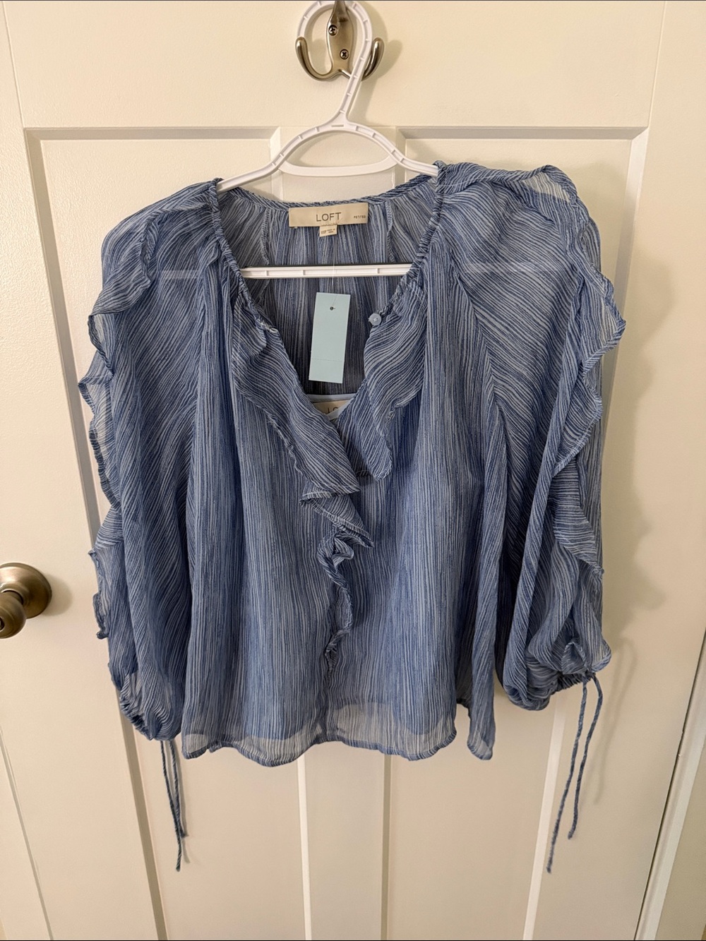 LOFT Light Blue Ruffle V‑Neck Sheer Blouse